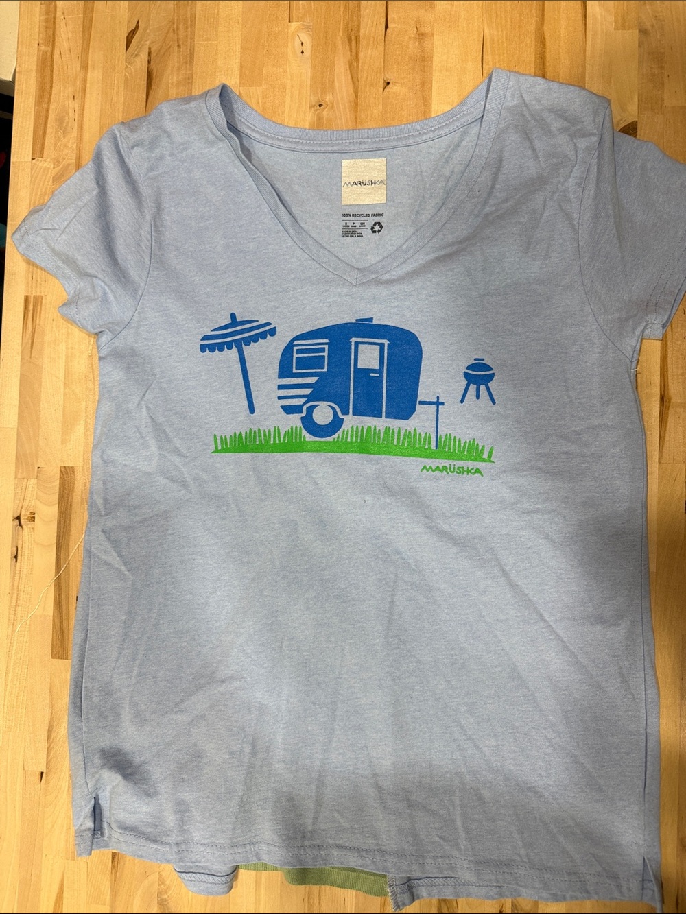 Marushka Light Blue Short Sleeve V-Neck Tee with Camper Graphic